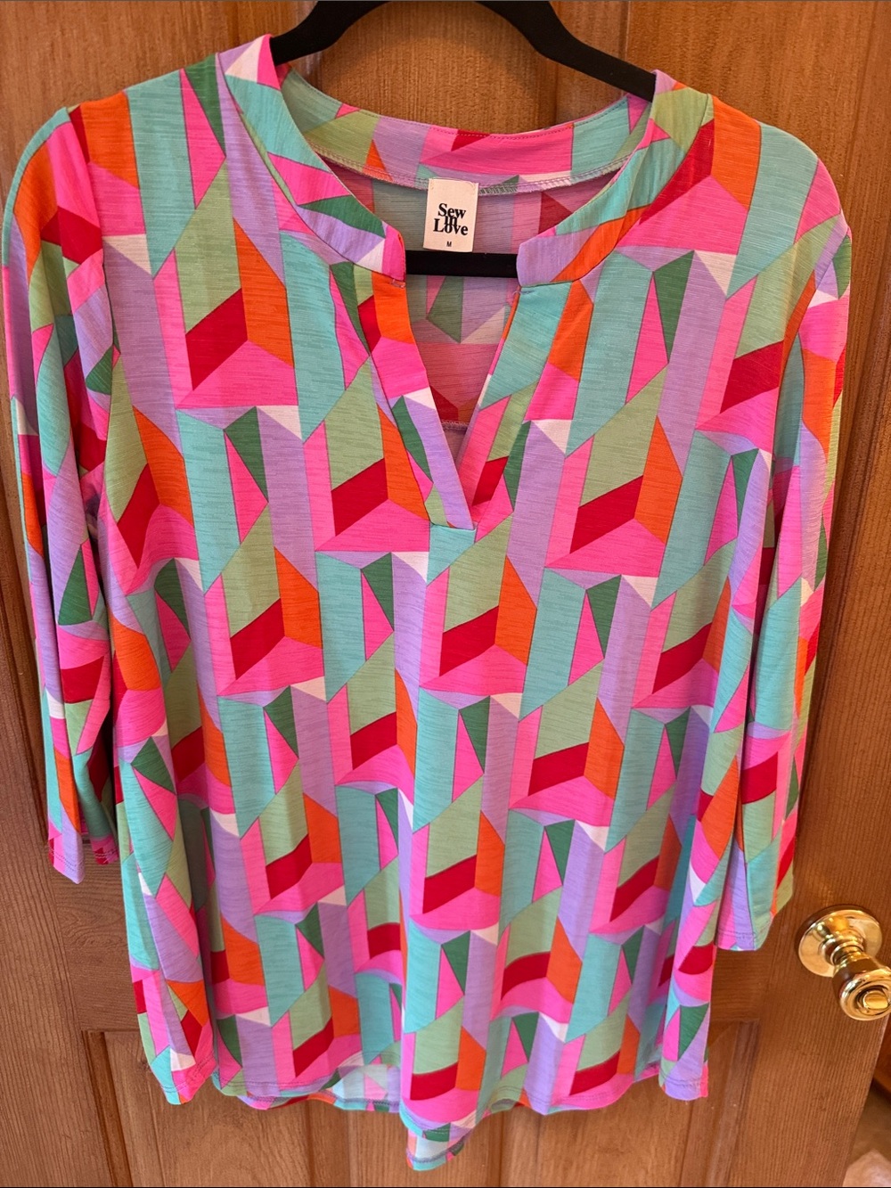 Sew In Love Geometric Split-Neck Tunic - Pink, Mint, Coral